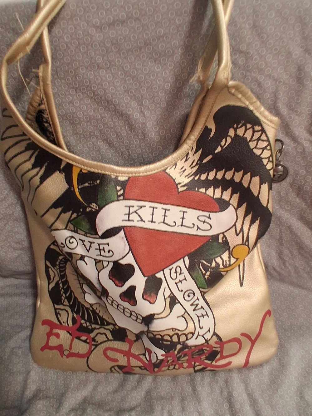 Y2k Ed Hardy Love Kills Slowly Tote Bag Tan & Red